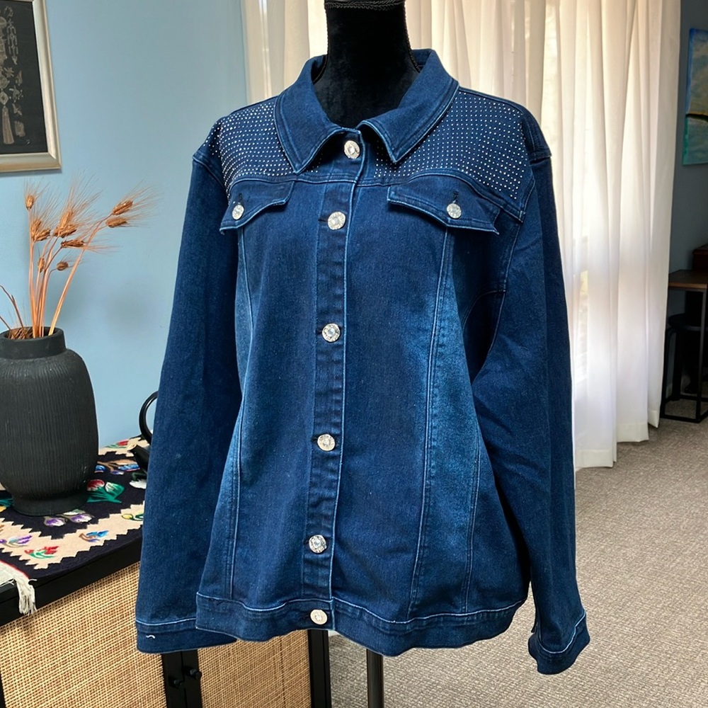 DKIN Jeans Dark Wash Denim Jacket 3X Embellished Shoulders Detail